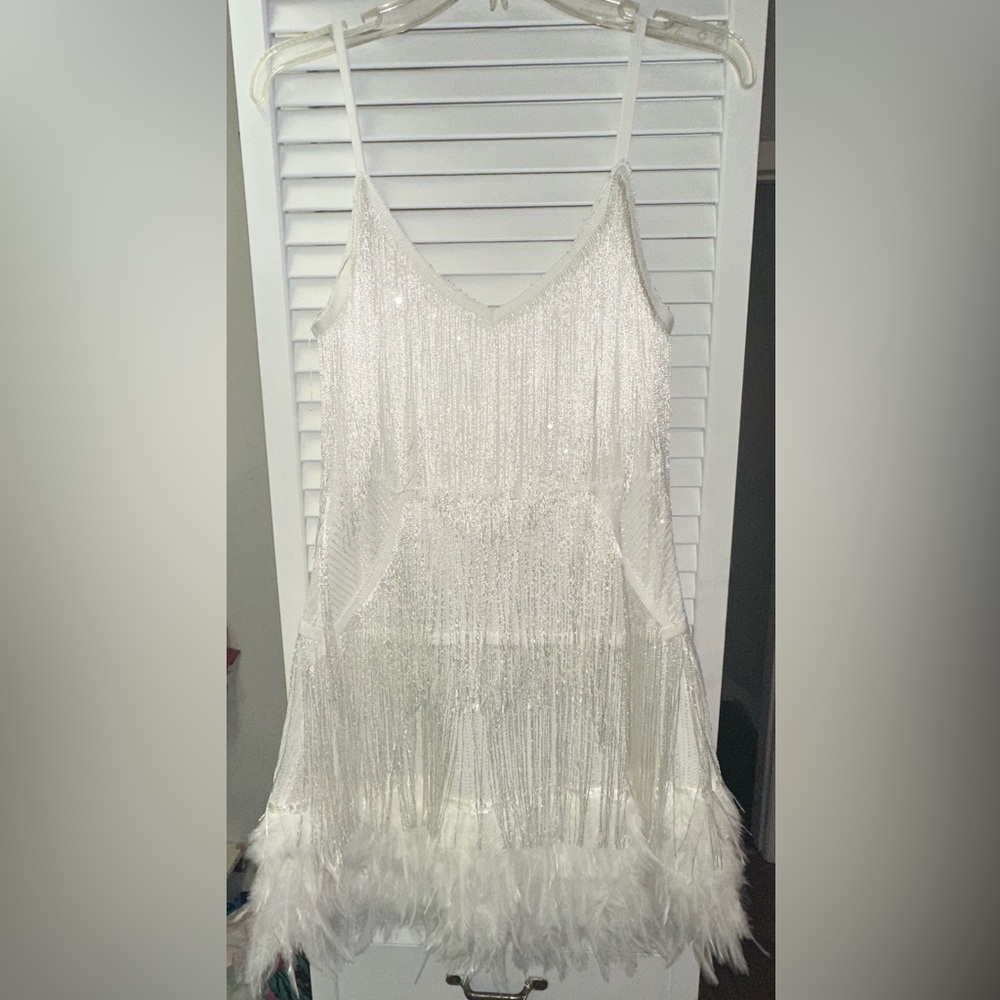 White Fringe Feather dress- Large
